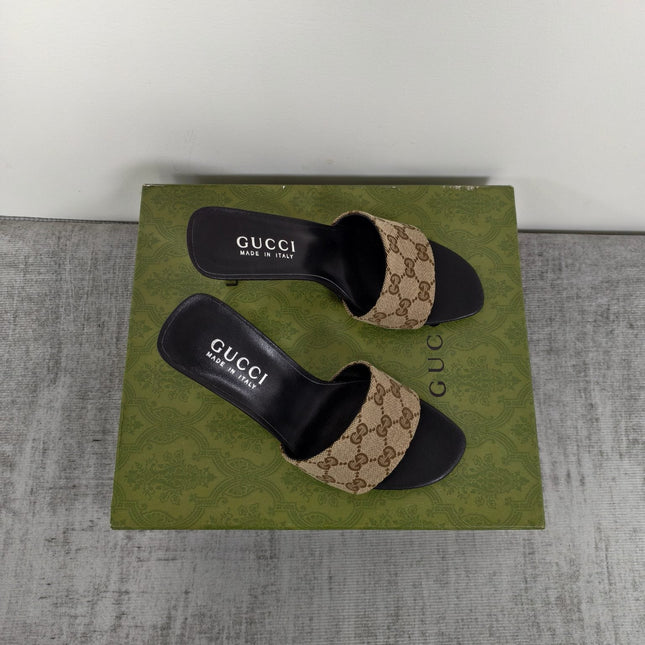 GUCCI 26S MULE SANDALS 85MM IN BEIGE BROWN GG CANVAS