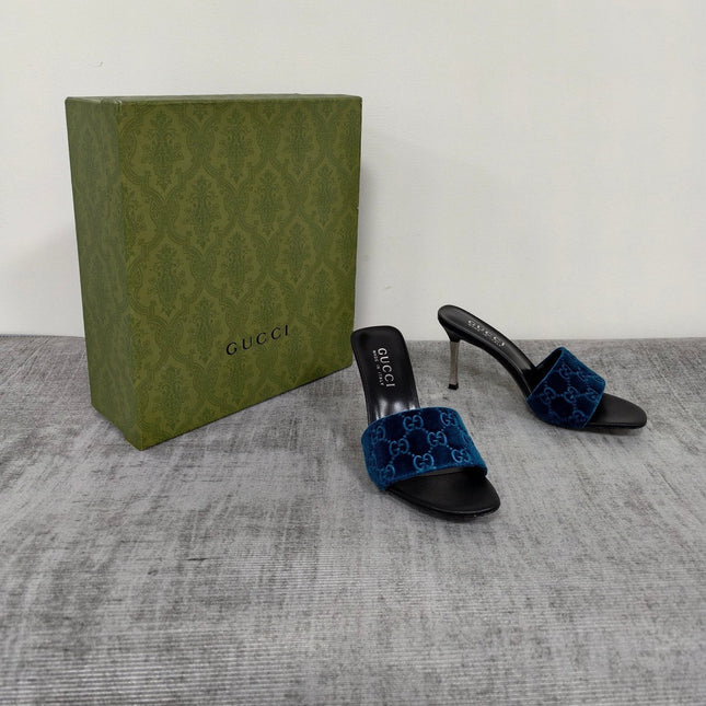 GUCCI 26S MULE SANDALS 85MM IN ROYAL BLUE VELVET GG EMBOSSED