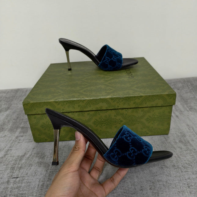GUCCI 26S MULE SANDALS 85MM IN ROYAL BLUE VELVET GG EMBOSSED