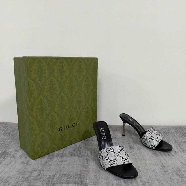 GUCCI 26S MULE SANDALS 85MM IN SILVER SATIN CRYSTAL GG