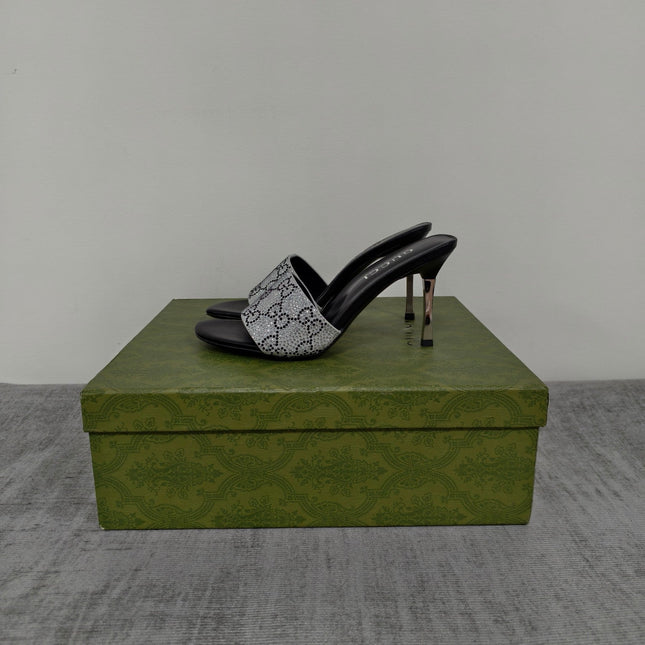 GUCCI 26S MULE SANDALS 85MM IN SILVER SATIN CRYSTAL GG