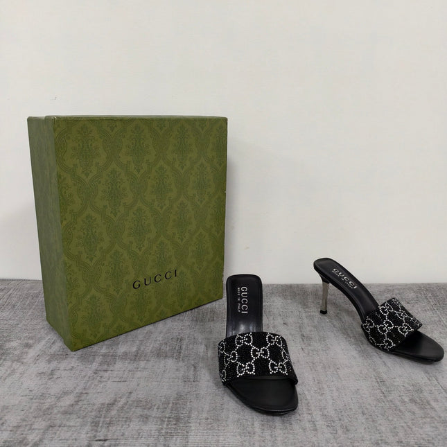 GUCCI 26S MULE SANDALS 85MM IN BLACK SATIN CRYSTAL GG