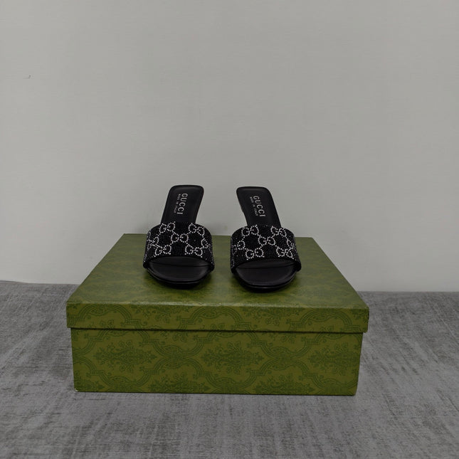 GUCCI 26S MULE SANDALS 85MM IN BLACK SATIN CRYSTAL GG