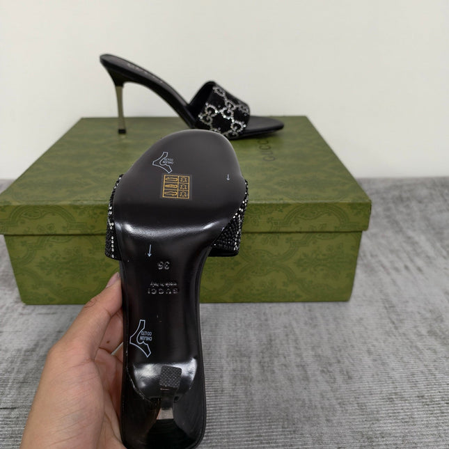 GUCCI 26S MULE SANDALS 85MM IN BLACK SATIN CRYSTAL GG