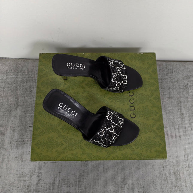GUCCI 26S MULE SANDALS 85MM IN BLACK SATIN CRYSTAL GG