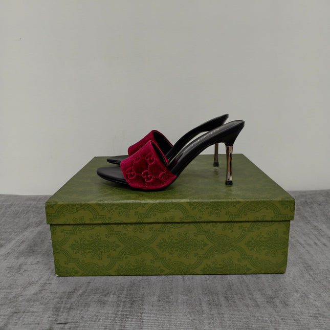 GUCCI 26S MULE SANDALS 110MM IN BURGUNDY RED VELVET GG EMBOSSED