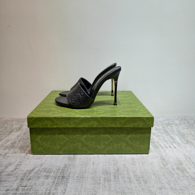 GUCCI 26S MULE SANDALS 110MM IN BLACK CALFSKIN GG EMBOSSED