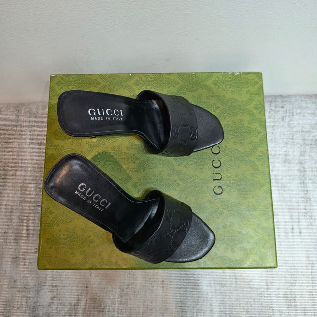 GUCCI 26S MULE SANDALS 110MM IN BLACK CALFSKIN GG EMBOSSED