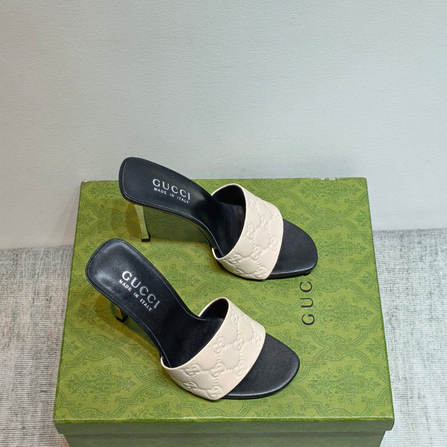 GUCCI 26S MULE SANDALS 110MM IN WHITE CALFSKIN GG EMBOSSED
