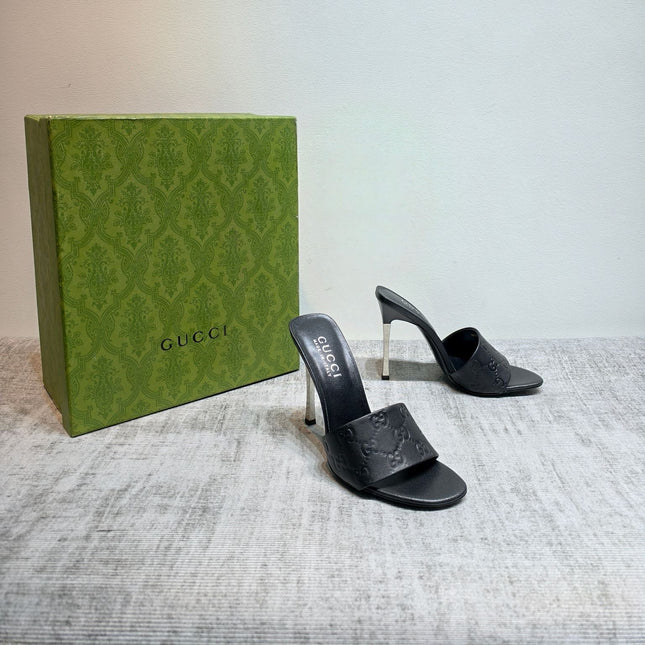 GUCCI 26S MULE SANDALS 110MM IN BLACK CALFSKIN GG EMBOSSED