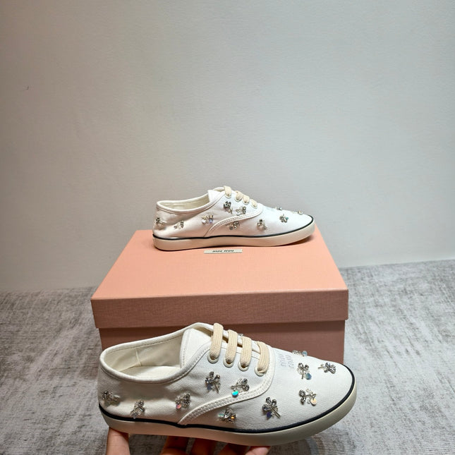MIUMIU 26S LOW TOP SNEAKERS IN WHITE CANVAS CRYSTAL-EMBELLISHED