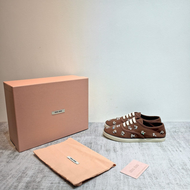 MIUMIU 26S LOW TOP SNEAKERS IN DARK BROWN CANVAS CRYSTAL-EMBELLISHED