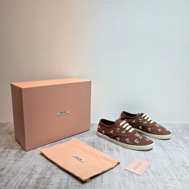 MIUMIU 26S LOW TOP SNEAKERS IN DARK BROWN CANVAS CRYSTAL-EMBELLISHED
