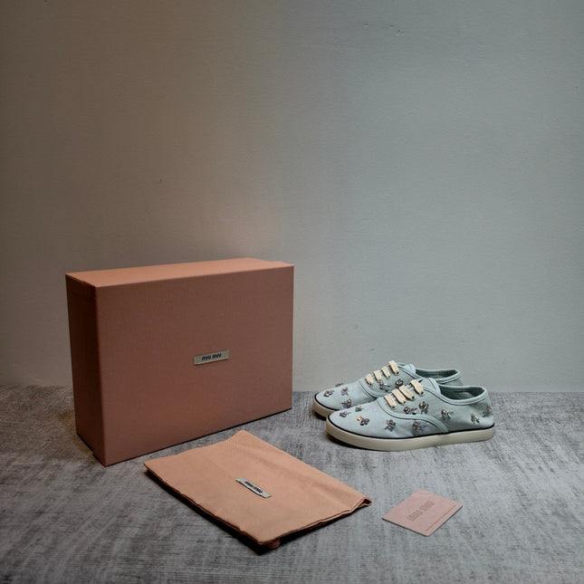 MIUMIU 26S LOW TOP SNEAKERS IN LIGHT BLUE CANVAS CRYSTAL-EMBELLISHED