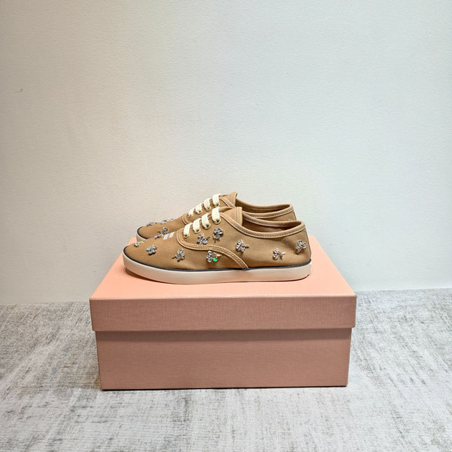 MIUMIU 26S LOW TOP SNEAKERS IN BROWN CANVAS CRYSTAL-EMBELLISHED