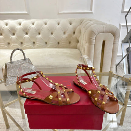 VALENTINO 26S SANDALS IN BROWN CALFSKIN WITH STUD-EMBELLISHED