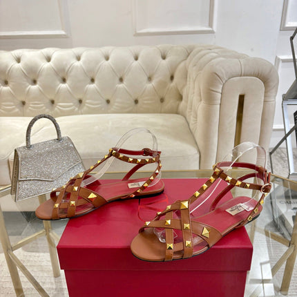 VALENTINO 26S SANDALS IN BROWN CALFSKIN WITH STUD-EMBELLISHED