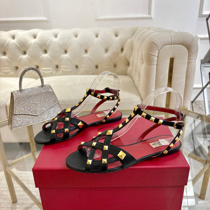 VALENTINO 26S SANDALS IN BLACK CALFSKIN WITH STUD-EMBELLISHED