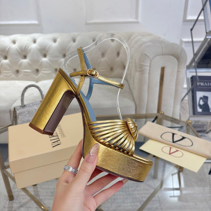 VALENTINO 26S PLATFORM SANDALS 110 MM IN GOLD AND BLUE CALFSKIN