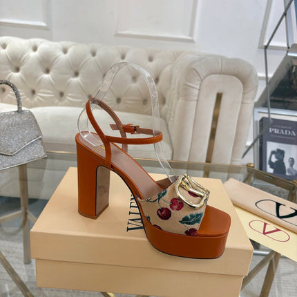 VALENTINO 26S PLATFORM SANDALS 110 MM IN COGNAC BROWN CALFSKIN AND BEIGE CANVAS