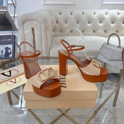 VALENTINO 26S PLATFORM SANDALS 110 MM IN BROWN CALFSKIN AND BEIGE RAFFIA