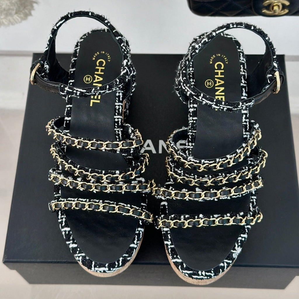 Double C Wooden Chain Platform Block Heel Sandals White Caro/ Black