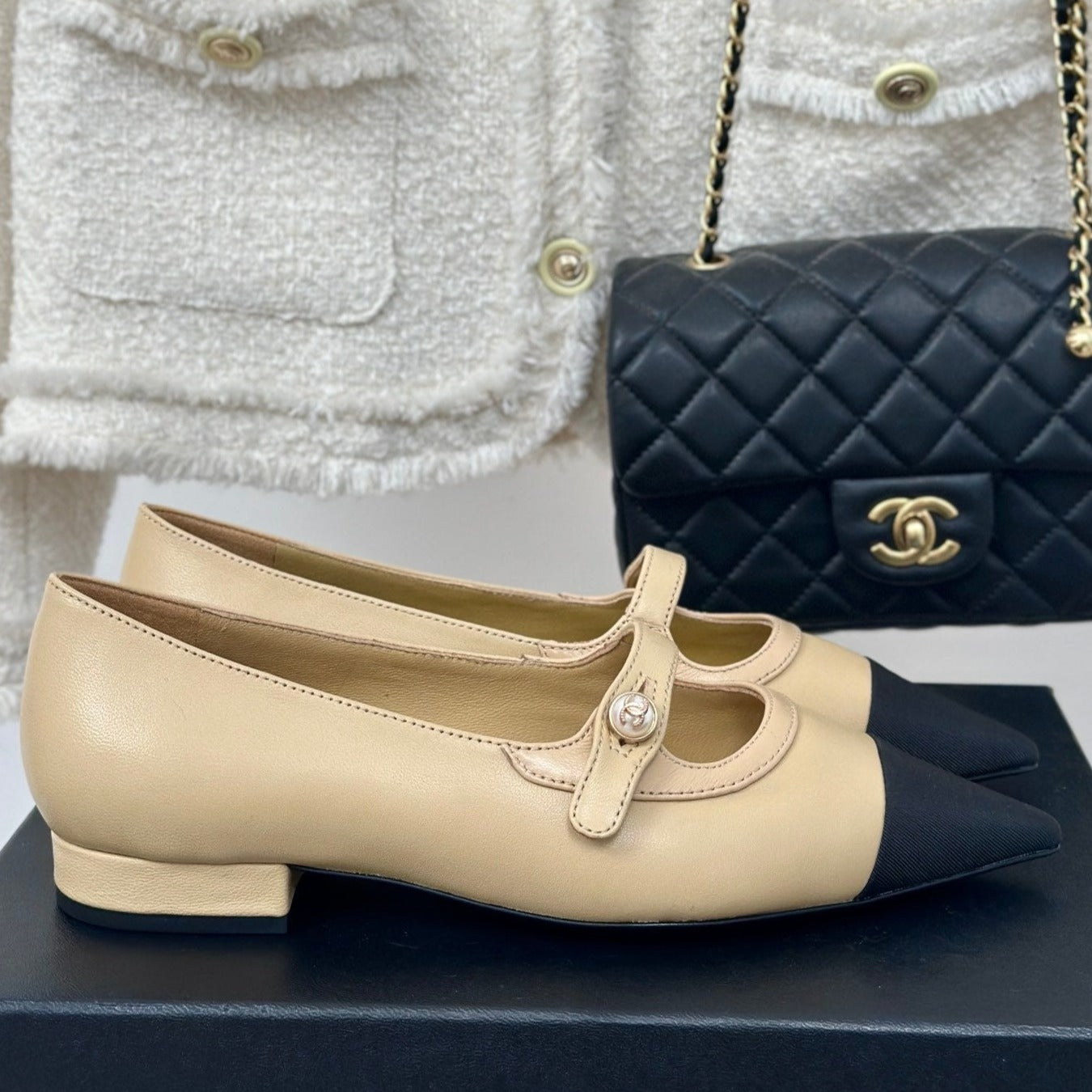 Double C Milan Runway Pointed Toe Mary Jane Shoes Dark Cream Black Lambskin