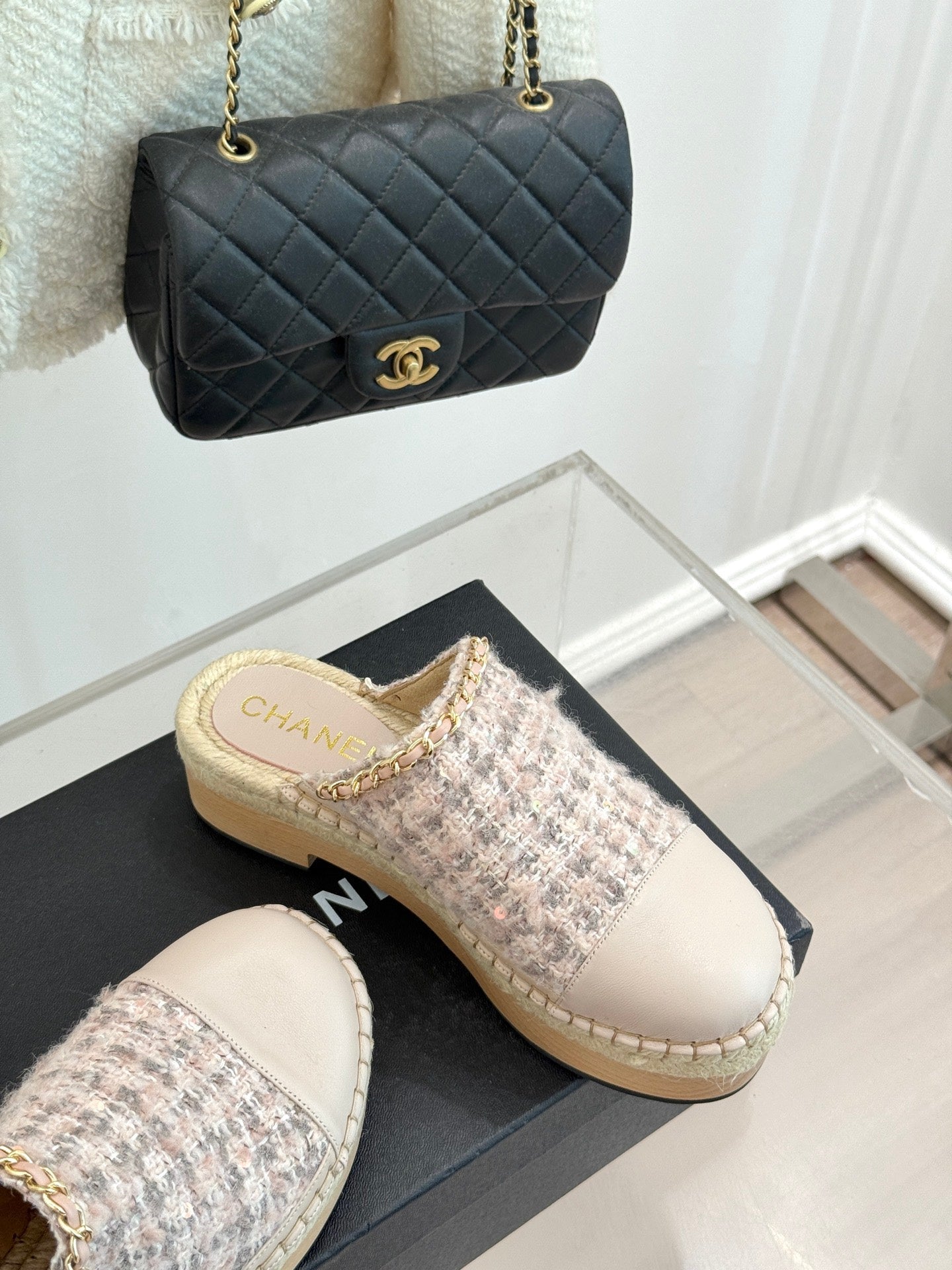 CC MULES 25SS 30 MM IN PASTEL PINK LAMBSKIN MIX TWEED