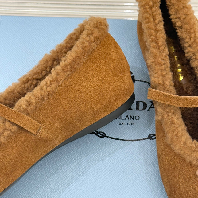 PRADA 25S MARY JANE FLATS IN BROWN SUEDE WITH GOLD HARDWARE