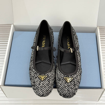 PRADA 26S MARY JANE  FLATS IN BLACK MIX WHITE TWEED