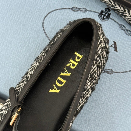PRADA 26S MARY JANE  FLATS IN BLACK MIX WHITE TWEED