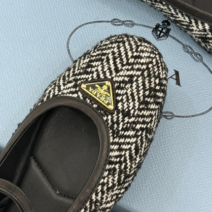 PRADA 26S MARY JANE  FLATS IN BLACK MIX WHITE TWEED