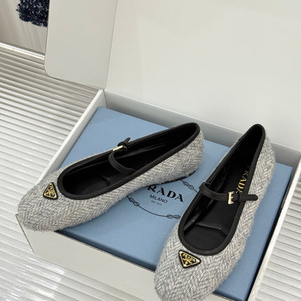 PRADA 26S MARY JANE  FLATS IN LIGHT GREY TWEED