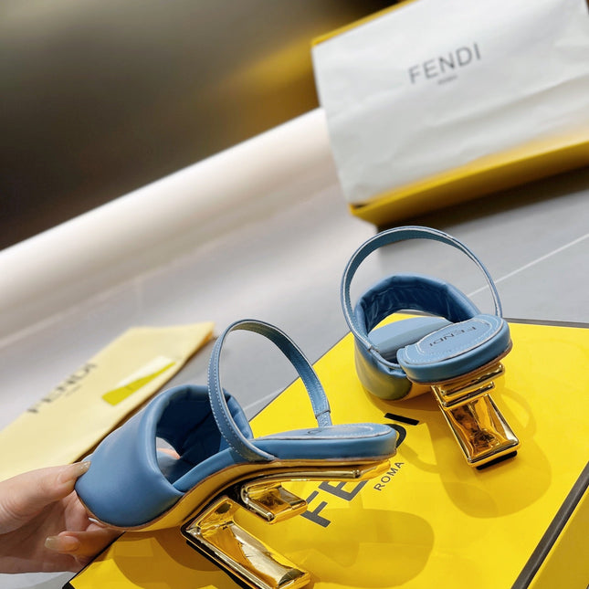 FENDI BAGUETTE HIGH-HEEL SANDALS 8 CM IN CERULEAN BLUE CALFSKIN