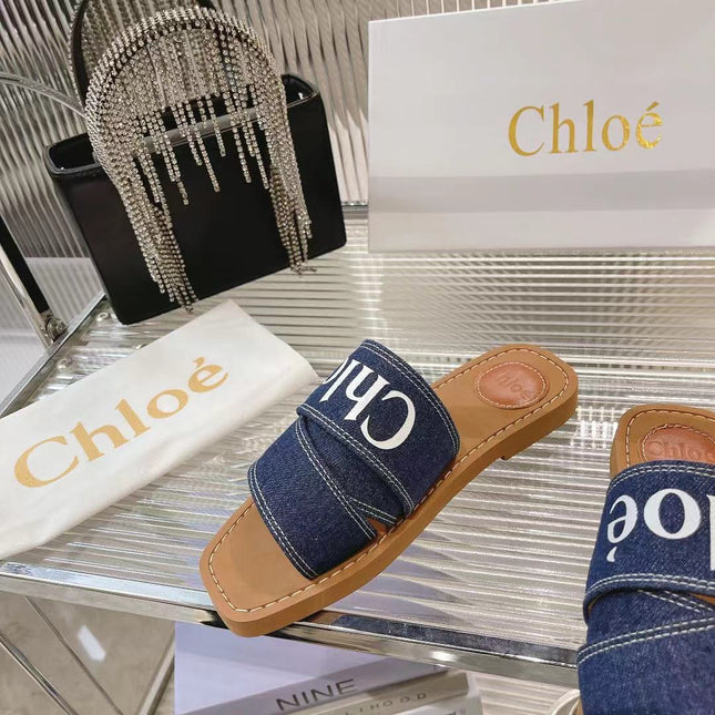 WOODY MULE IN NAVY BLUE DENIM WITH WHITE LOGO
