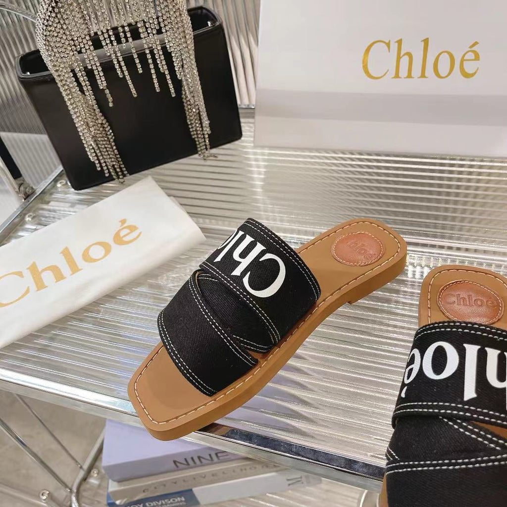 WOODY MULE IN BLACK DENIM WITH WHITE LOGO