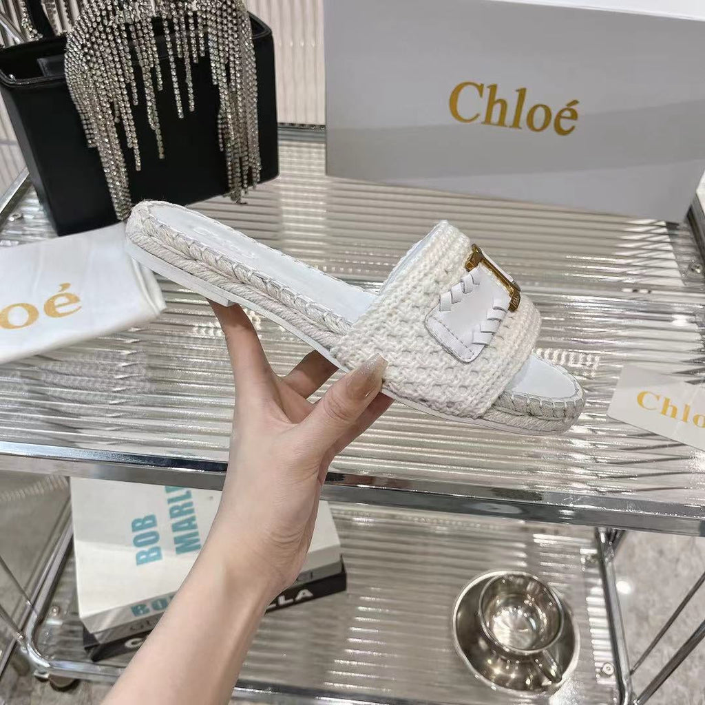 WOVEN SLIPPER IN WHITE WOOL AND LAMBSKIN GOLD HARDWARE