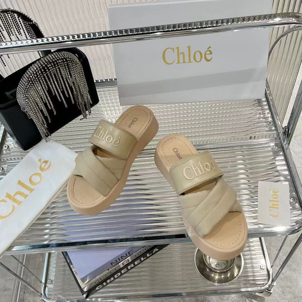 MILA FLAT SLIDES 5 CM IN BEIGE EICRU CALFSKIN AND RE-NYLON
