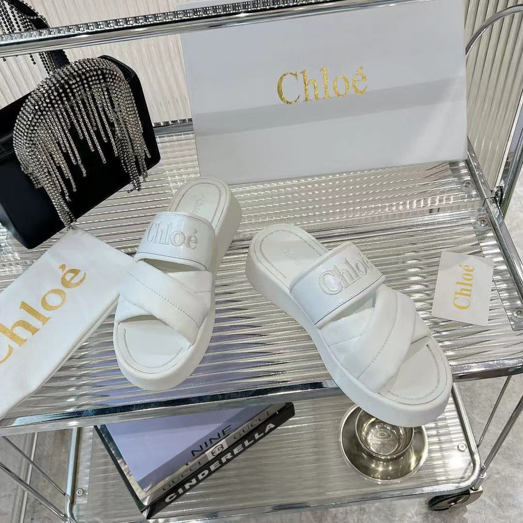 MILA FLAT SLIDES 5 CM IN WHITE CALFSKIN AND RE-NYLON