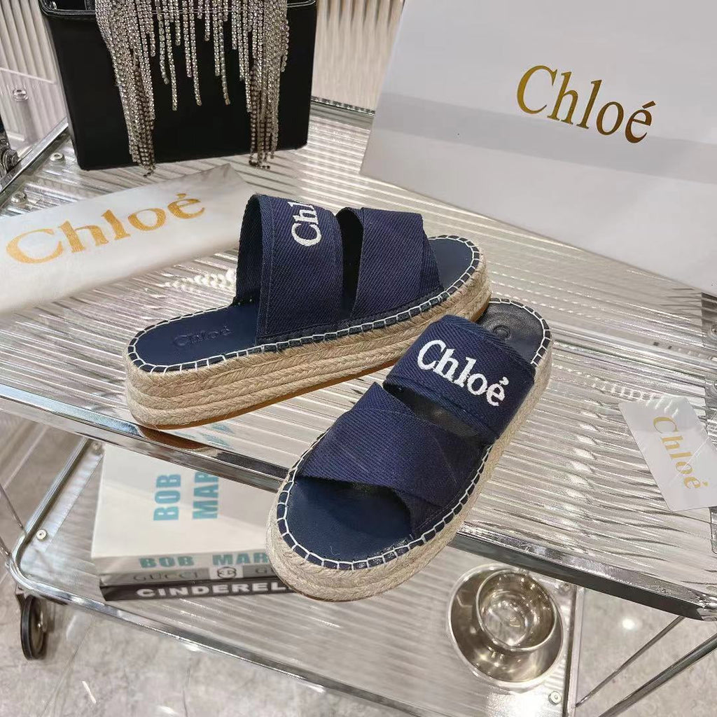 MILA PLATFORM 5 CM IN NAVY BLUE FABRIC AND BEIGE RAFFIA