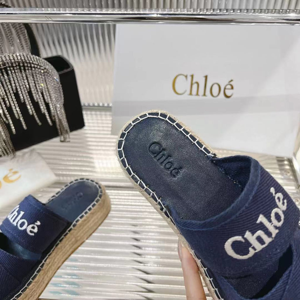 MILA PLATFORM 5 CM IN NAVY BLUE FABRIC AND BEIGE RAFFIA