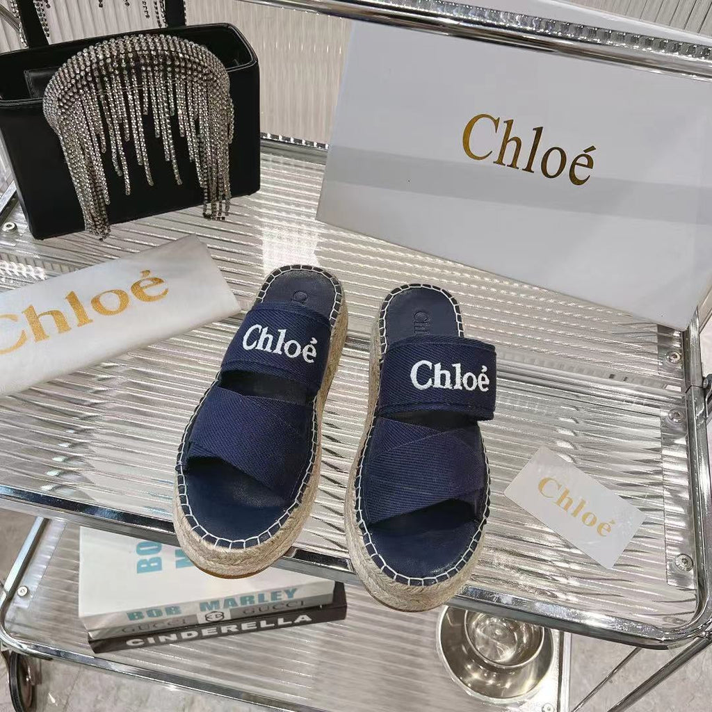 MILA PLATFORM 5 CM IN NAVY BLUE FABRIC AND BEIGE RAFFIA