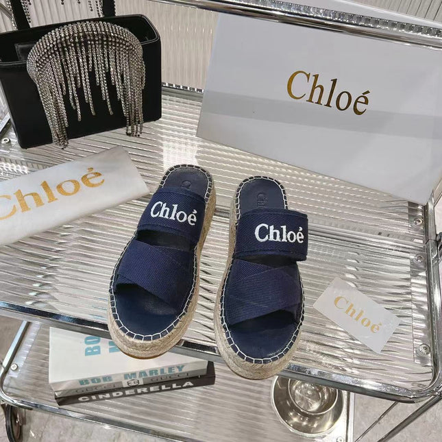MILA PLATFORM 5 CM IN NAVY BLUE FABRIC AND BEIGE RAFFIA