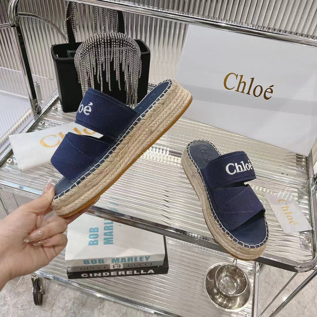 MILA PLATFORM 5 CM IN NAVY BLUE FABRIC AND BEIGE RAFFIA