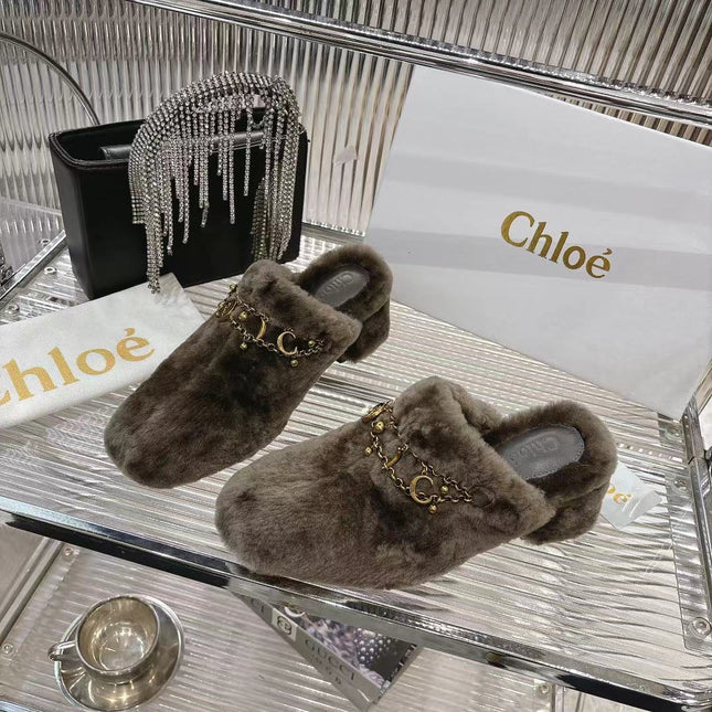 CHLOÉ 26S HIGH-HEELED MULES IN SMOKY BROWN WOOL