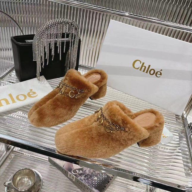 CHLOÉ 26S HIGH-HEELED MULES IN BROWN WOOL