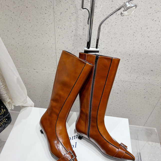 ALO 25S PALOMA WOOL HIGH BOOTS IN BROWN LAMBSKIN WITH METAL BUCKLE DETAIL AT THE TOE
