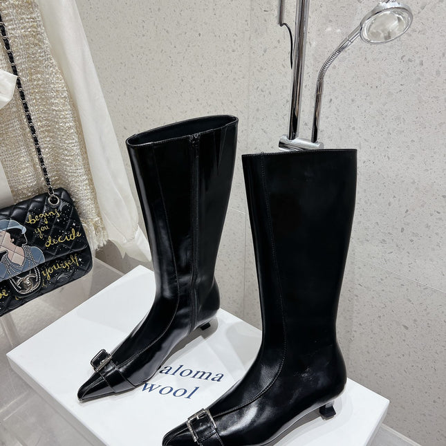 ALO 25S PALOMA WOOL HIGH BOOTS IN BLACK LAMBSKIN WITH METAL BUCKLE DETAIL AT THE TOE