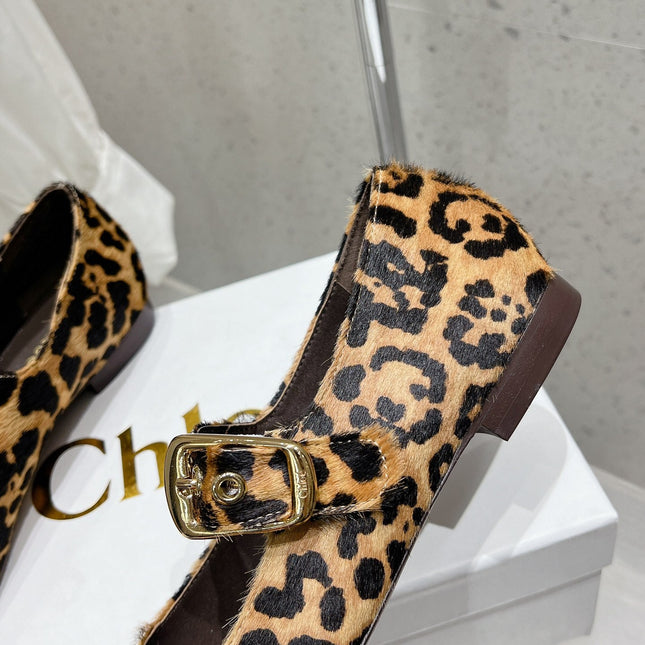CHLOÉ 26S MARY JANE FLATS IN LEOPARD PRINT PONY HAIR