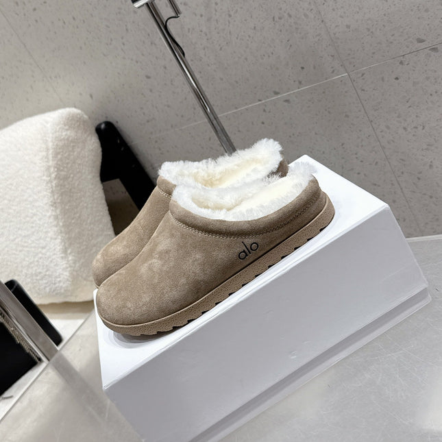 ALO 25S BIRKENSTOCK CLOGS IN GREY SUEDE AND WHITE WOOL